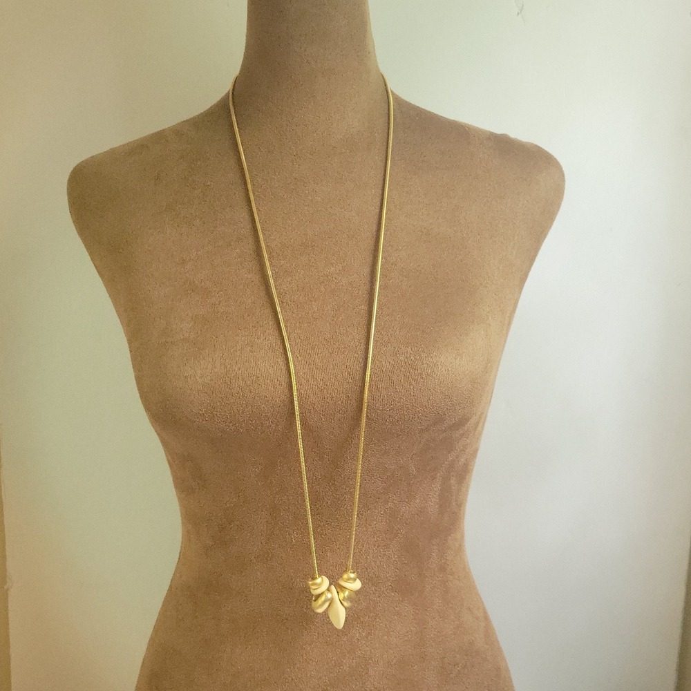 Gold Snake Chain Long Pendant Necklace 30 Inch Cream Beads Minimalist